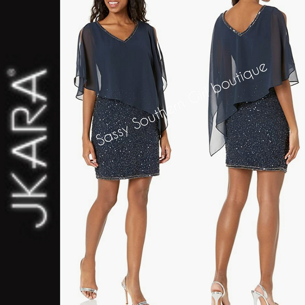 🆕⭐ JKara Navy blue sequin beaded formal dress